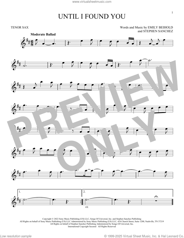Until I Found You sheet music for tenor saxophone solo by Stephen Sanchez and Emily Beihold, intermediate skill level