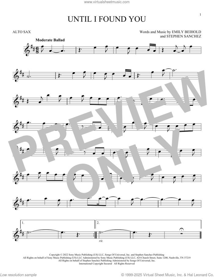 Until I Found You sheet music for alto saxophone solo by Stephen Sanchez and Emily Beihold, intermediate skill level
