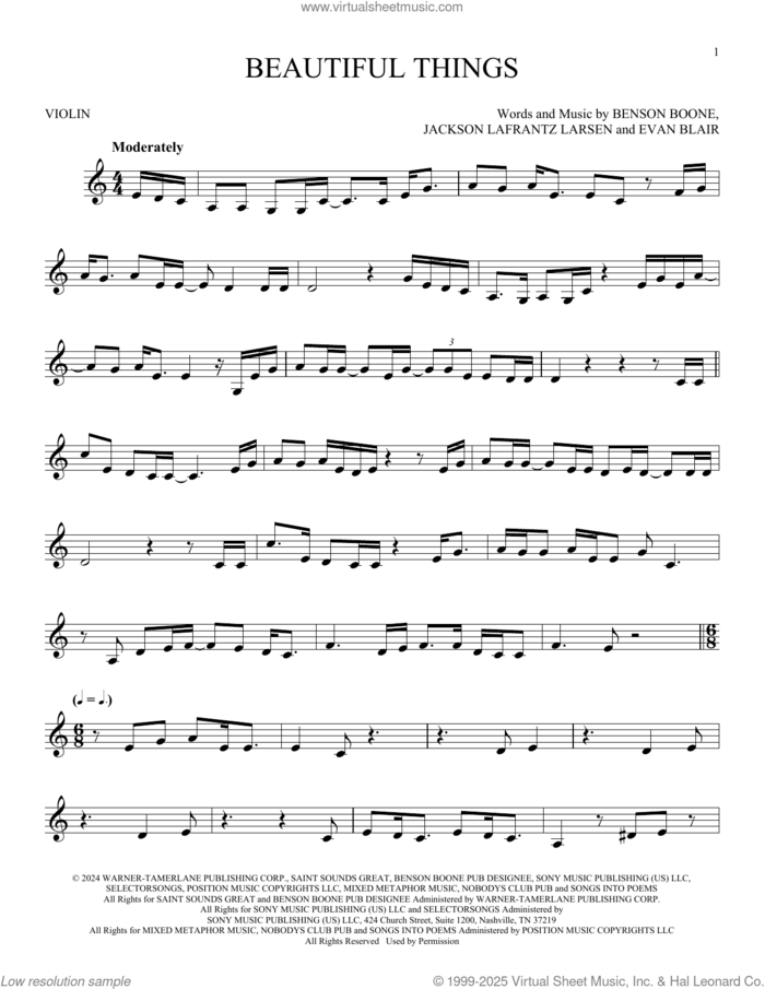 Beautiful Things sheet music for violin solo by Benson Boone, Evan Blair and Jackson Lafrantz Larsen, intermediate skill level