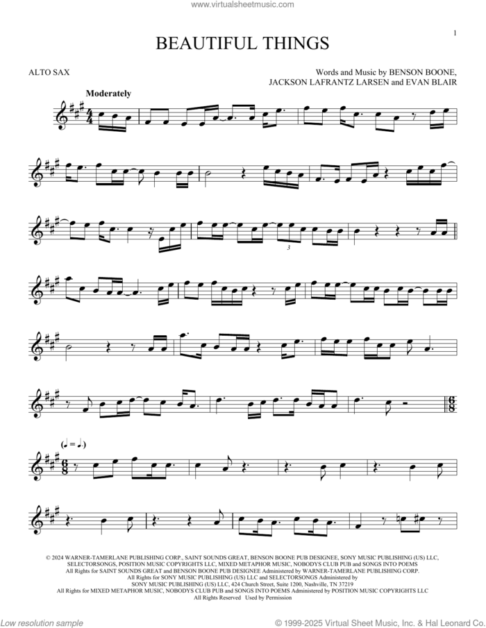 Beautiful Things sheet music for alto saxophone solo by Benson Boone, Evan Blair and Jackson Lafrantz Larsen, intermediate skill level