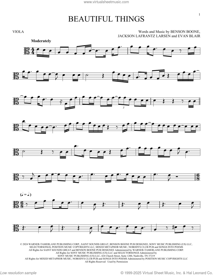 Beautiful Things sheet music for viola solo by Benson Boone, Evan Blair and Jackson Lafrantz Larsen, intermediate skill level