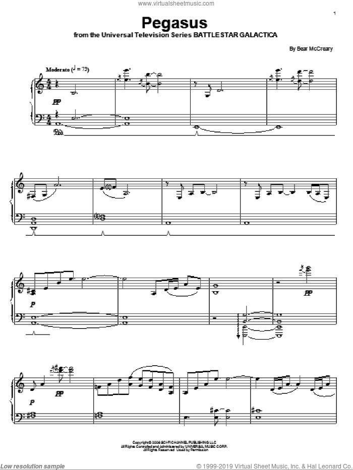 Pegasus sheet music for piano solo by Bear McCreary and Battlestar Galactica (TV Series), intermediate skill level