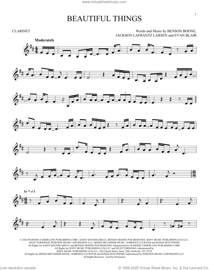 Beautiful Things sheet music for clarinet solo by Benson Boone, Evan Blair and Jackson Lafrantz Larsen, intermediate skill level
