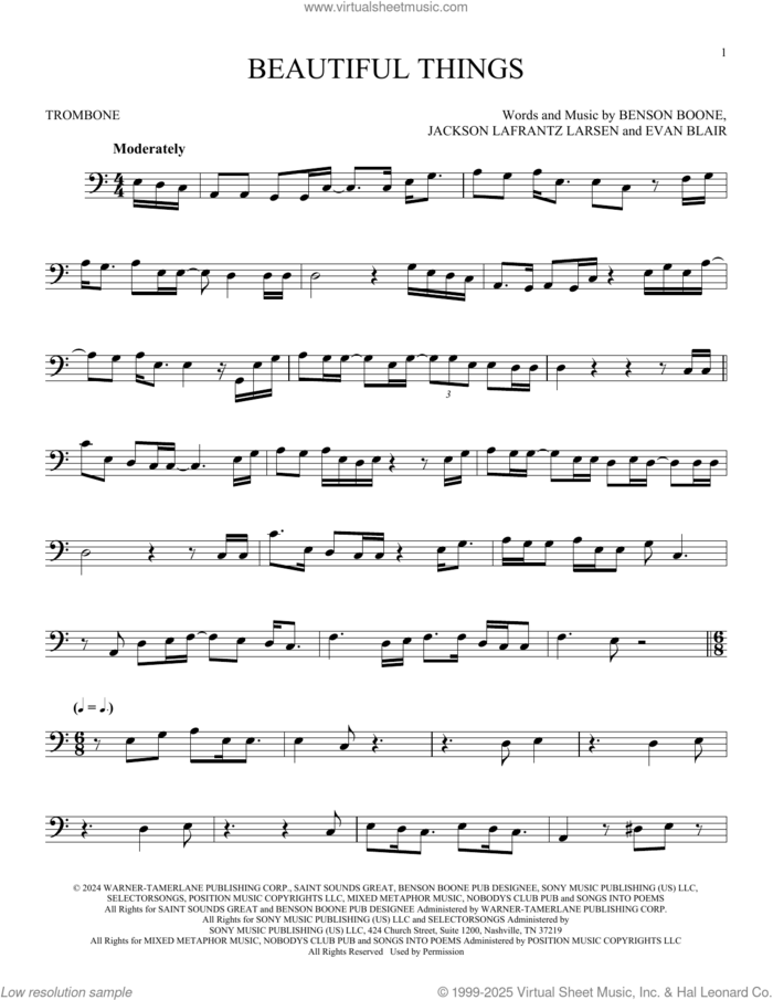 Beautiful Things sheet music for trombone solo by Benson Boone, Evan Blair and Jackson Lafrantz Larsen, intermediate skill level