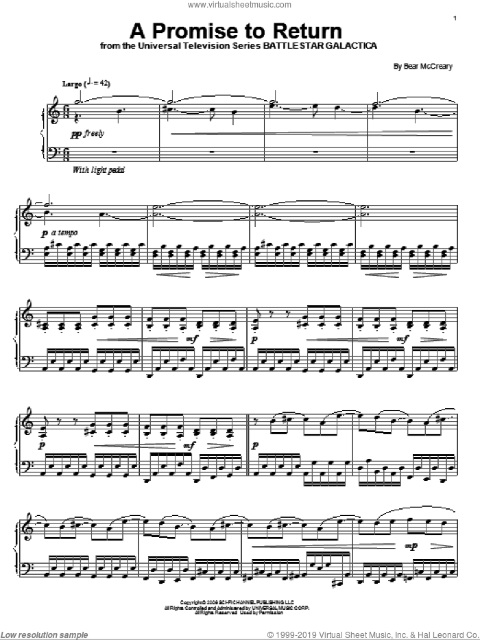 A Promise To Return sheet music for piano solo by Bear McCreary and Battlestar Galactica (TV Series), intermediate skill level