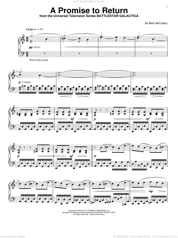 A Promise To Return sheet music for piano solo by Bear McCreary and Battlestar Galactica (TV Series), intermediate skill level