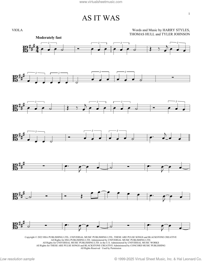 As It Was sheet music for viola solo by Harry Styles, Tom Hull and Tyler Johnson, intermediate skill level