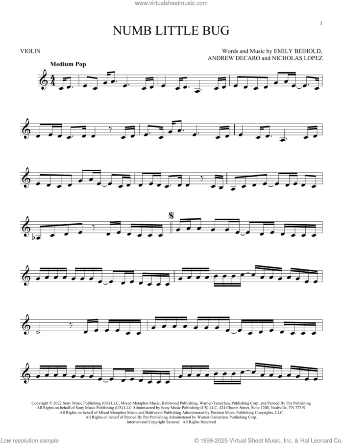Numb Little Bug sheet music for violin solo by Em Beihold, Andrew DeCaro, Emily Beihold and Nicholas Lopez, intermediate skill level