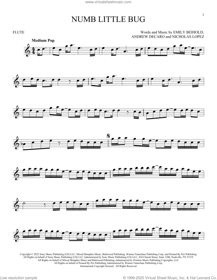 Numb Little Bug sheet music for flute solo by Em Beihold, Andrew DeCaro, Emily Beihold and Nicholas Lopez, intermediate skill level