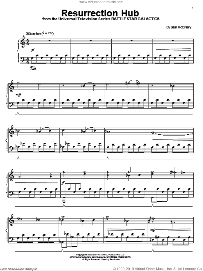 Resurrection Hub sheet music for piano solo by Bear McCreary and Battlestar Galactica (TV Series), intermediate skill level