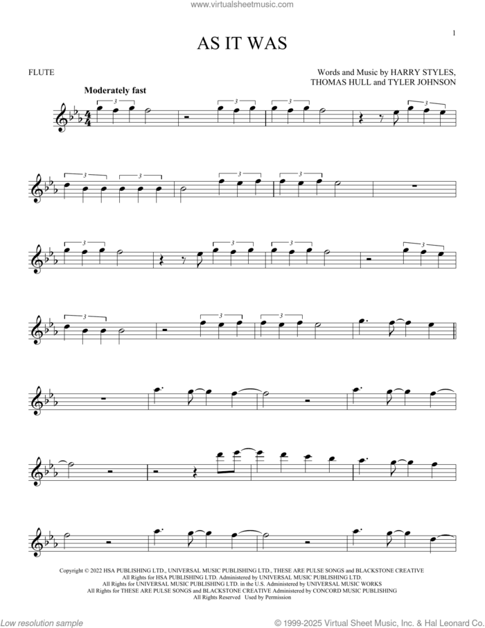 As It Was sheet music for flute solo by Harry Styles, Tom Hull and Tyler Johnson, intermediate skill level