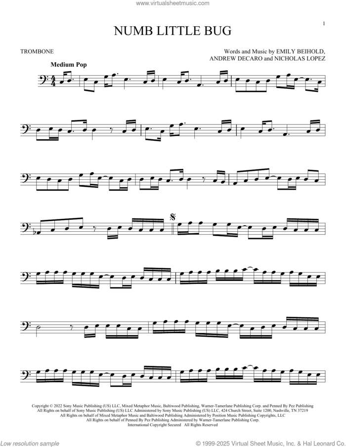 Numb Little Bug sheet music for trombone solo by Em Beihold, Andrew DeCaro, Emily Beihold and Nicholas Lopez, intermediate skill level