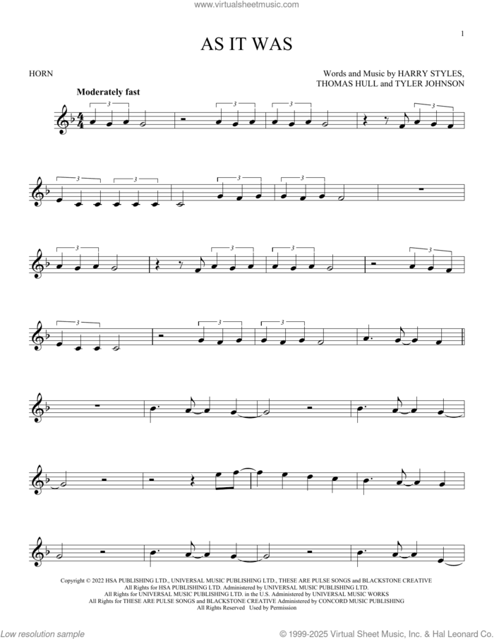 As It Was sheet music for horn solo by Harry Styles, Tom Hull and Tyler Johnson, intermediate skill level