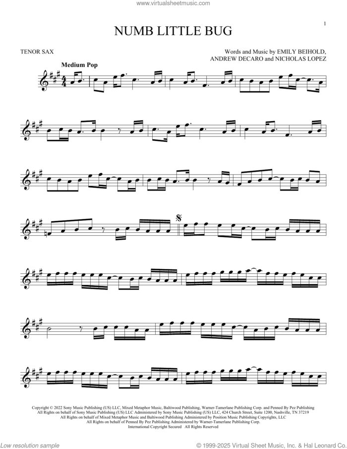 Numb Little Bug sheet music for tenor saxophone solo by Em Beihold, Andrew DeCaro, Emily Beihold and Nicholas Lopez, intermediate skill level