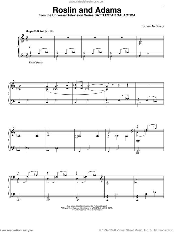 Roslin And Adama sheet music for piano solo by Bear McCreary and Battlestar Galactica (TV Series), intermediate skill level