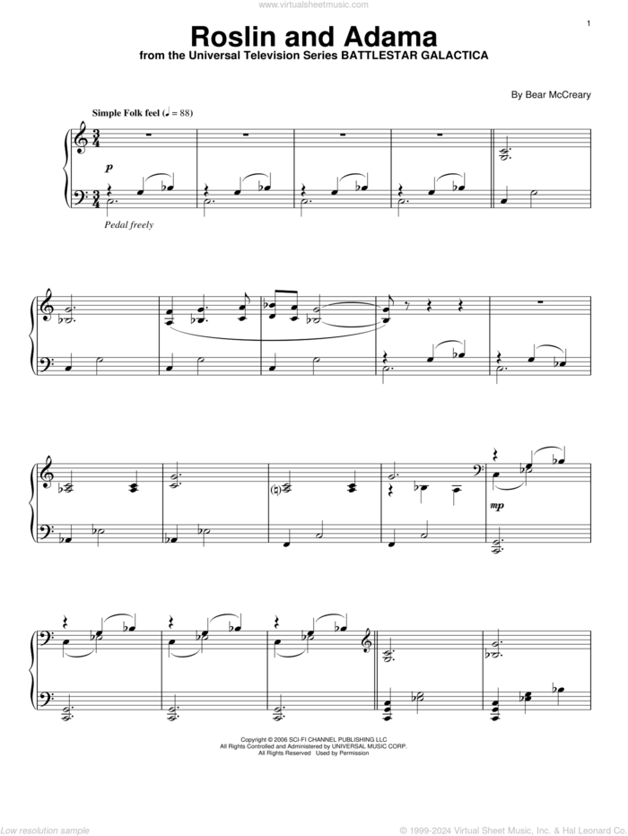 Roslin And Adama sheet music for piano solo by Bear McCreary and Battlestar Galactica (TV Series), intermediate skill level