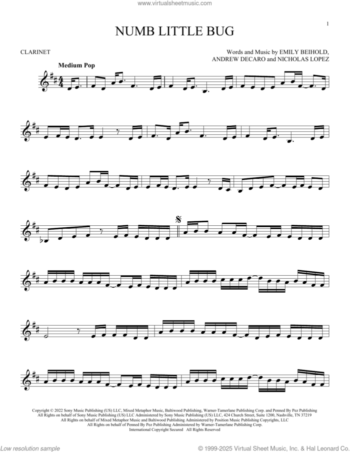 Numb Little Bug sheet music for clarinet solo by Em Beihold, Andrew DeCaro, Emily Beihold and Nicholas Lopez, intermediate skill level