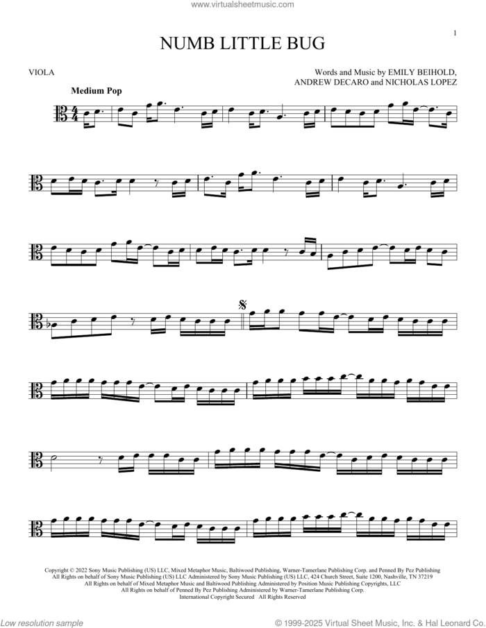 Numb Little Bug sheet music for viola solo by Em Beihold, Andrew DeCaro, Emily Beihold and Nicholas Lopez, intermediate skill level