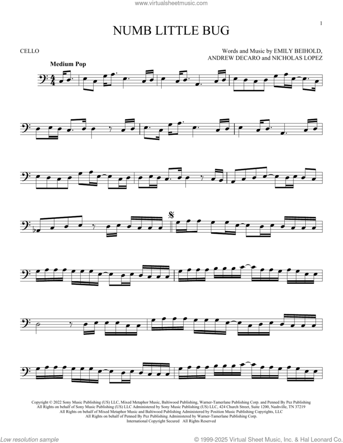 Numb Little Bug sheet music for cello solo by Em Beihold, Andrew DeCaro, Emily Beihold and Nicholas Lopez, intermediate skill level