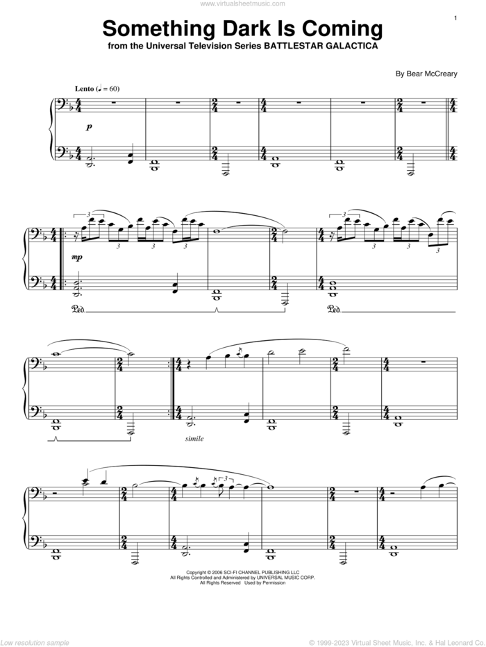 Something Dark Is Coming sheet music for piano solo by Bear McCreary and Battlestar Galactica (TV Series), intermediate skill level