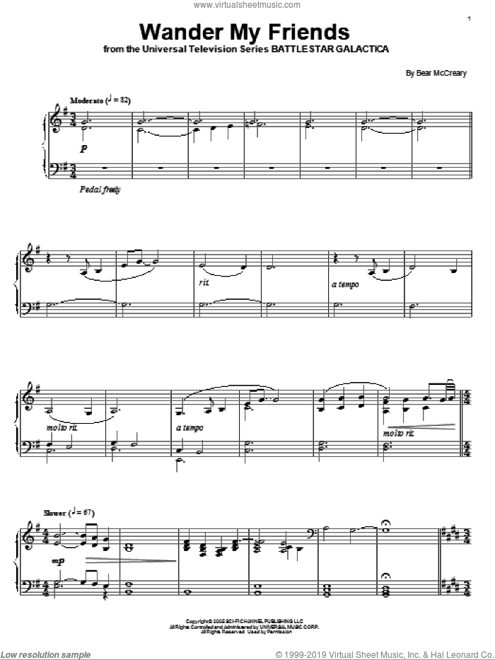 Wander My Friends sheet music for piano solo by Bear McCreary and Battlestar Galactica (TV Series), intermediate skill level