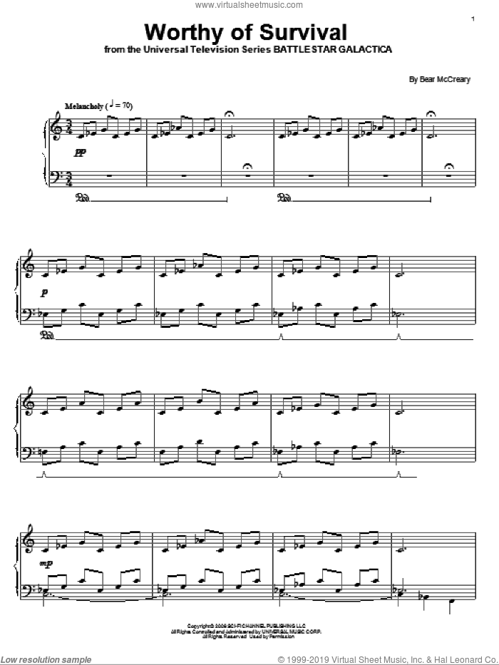 Worthy Of Survival sheet music for piano solo by Bear McCreary and Battlestar Galactica (TV Series), intermediate skill level