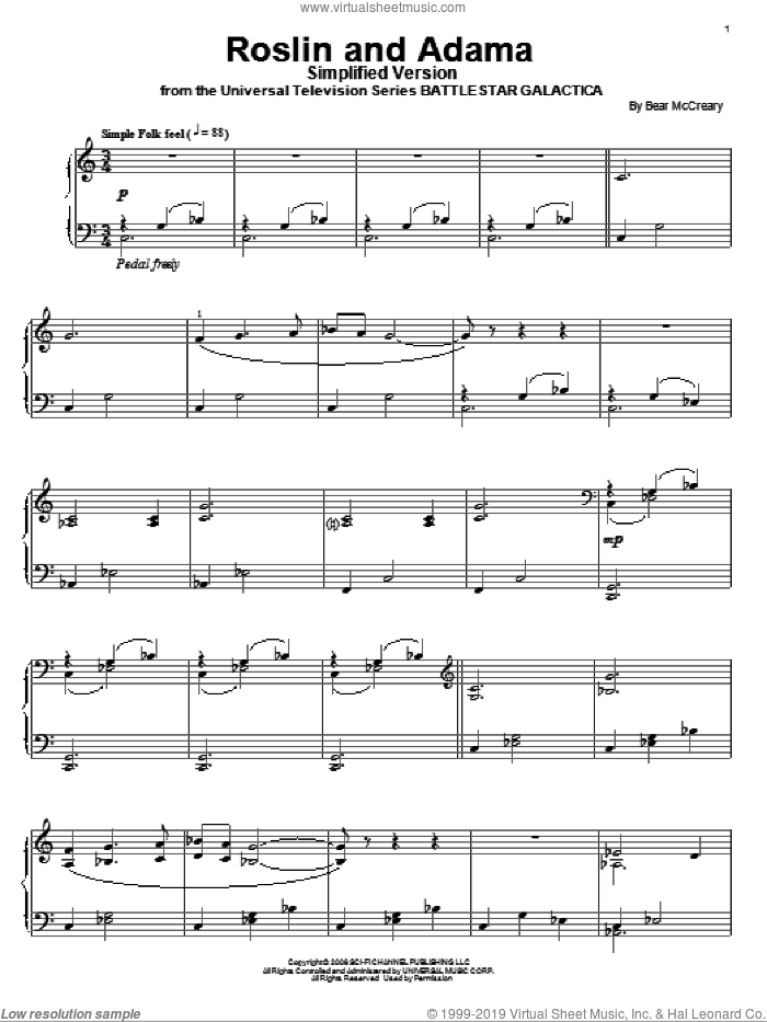 Roslin And Adama (Simplified Version) sheet music for piano solo by Bear McCreary and Battlestar Galactica (TV Series), intermediate skill level