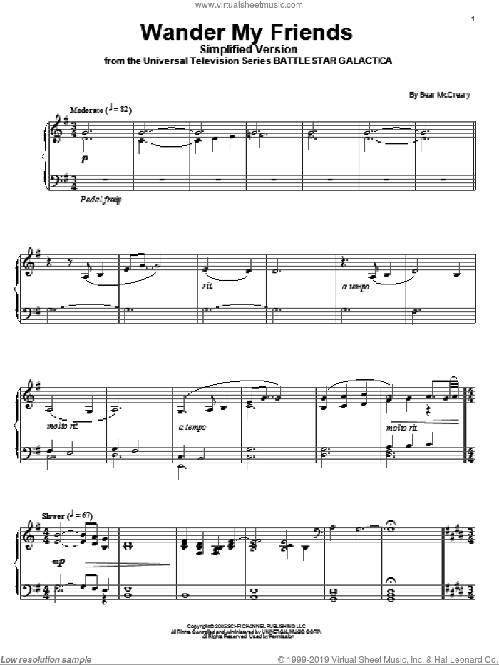Wander My Friends (Simplified Version) sheet music for piano solo by Bear McCreary and Battlestar Galactica (TV Series), intermediate skill level