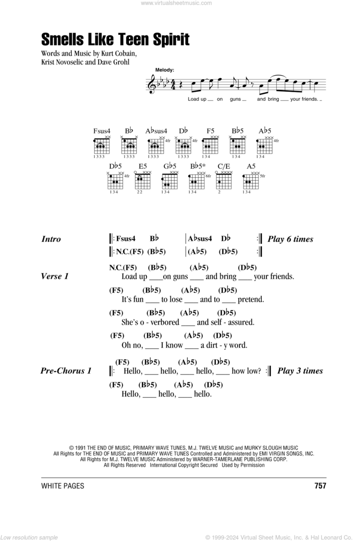 Smells Like Teen Spirit sheet music for guitar (chords) by Nirvana, Dave Grohl, Krist Novoselic and Kurt Cobain, intermediate skill level