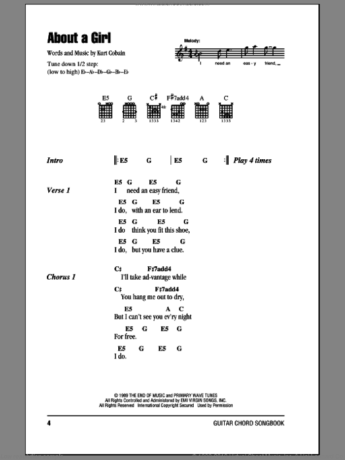 About A Girl sheet music for guitar (chords) by Nirvana and Kurt Cobain, intermediate skill level
