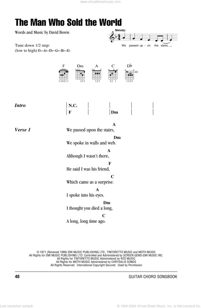 The Man Who Sold The World sheet music for guitar (chords) by Nirvana and David Bowie, intermediate skill level