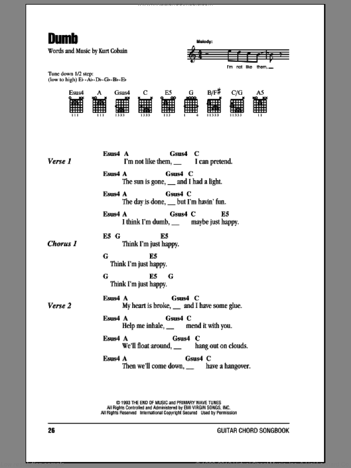 Dumb sheet music for guitar (chords) by Nirvana and Kurt Cobain, intermediate skill level