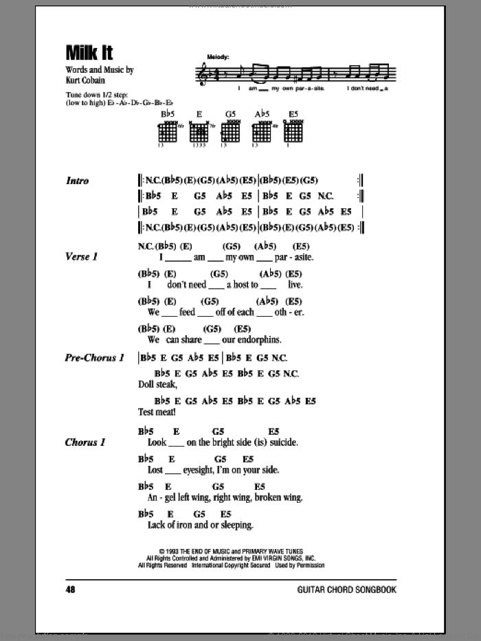 Milk It sheet music for guitar (chords) by Nirvana and Kurt Cobain, intermediate skill level