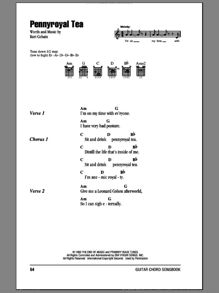 Pennyroyal Tea sheet music for guitar (chords) by Nirvana and Kurt Cobain, intermediate skill level
