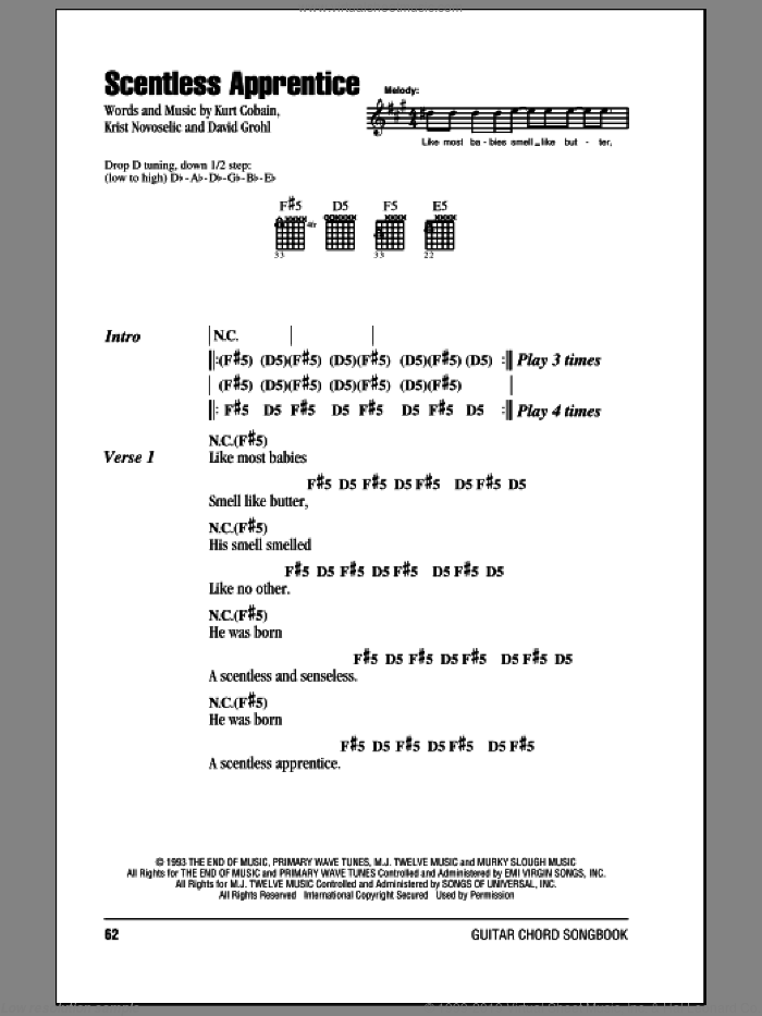 Scentless Apprentice sheet music for guitar (chords) by Nirvana, Dave Grohl, Krist Novoselic and Kurt Cobain, intermediate skill level