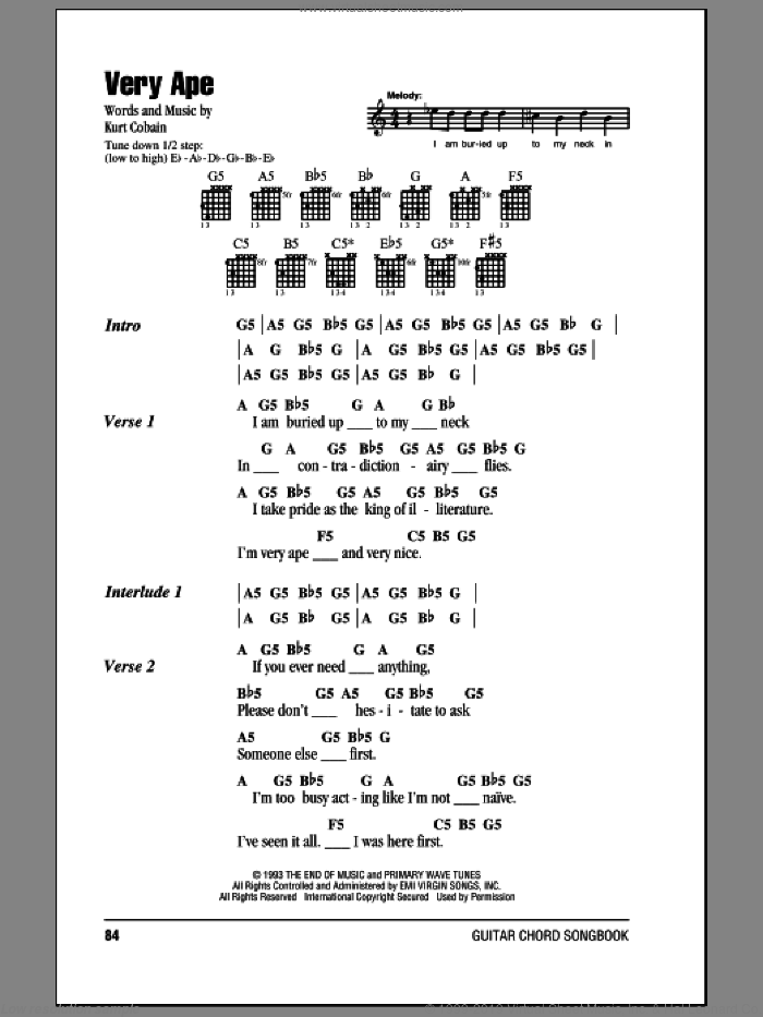 Very Ape sheet music for guitar (chords) by Nirvana and Kurt Cobain, intermediate skill level