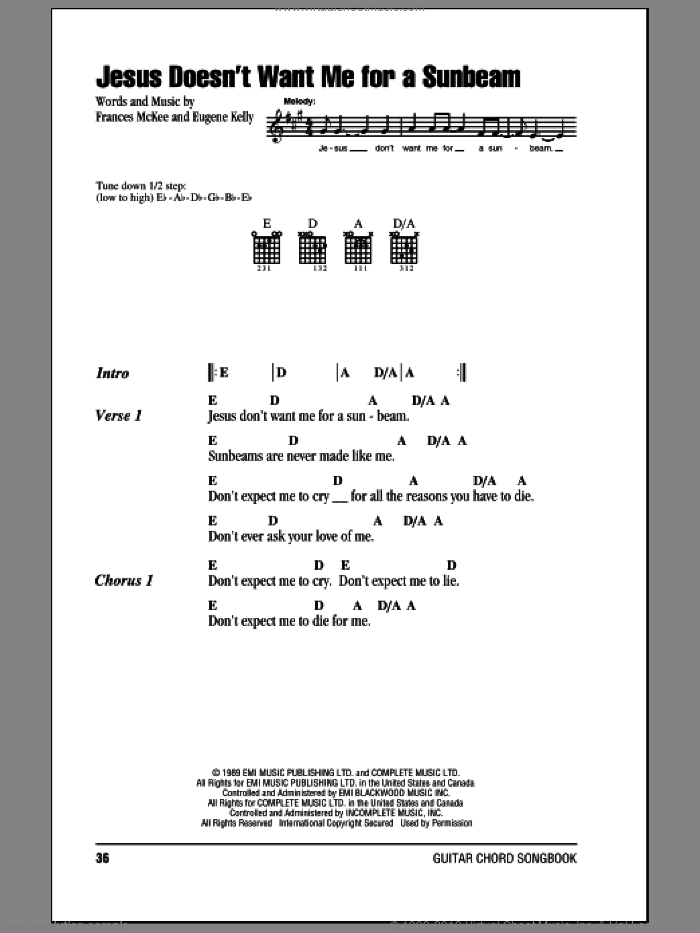 Jesus Doesn't Want Me For A Sunbeam sheet music for guitar (chords) by Nirvana, Eugene Kelly and Frances McKee, intermediate skill level