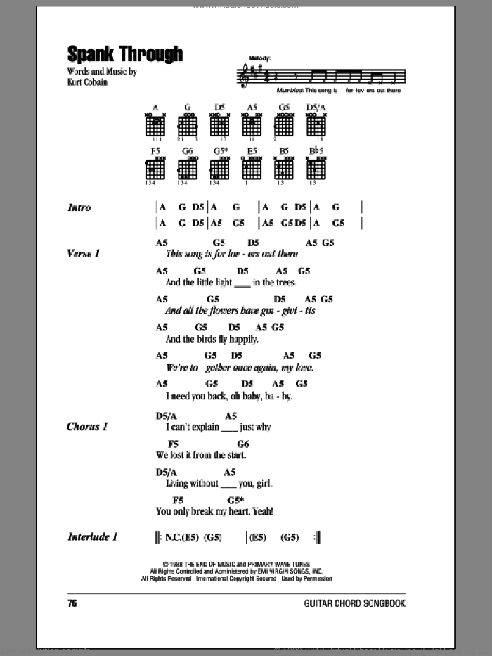 Spank Through sheet music for guitar (chords) by Nirvana and Kurt Cobain, intermediate skill level
