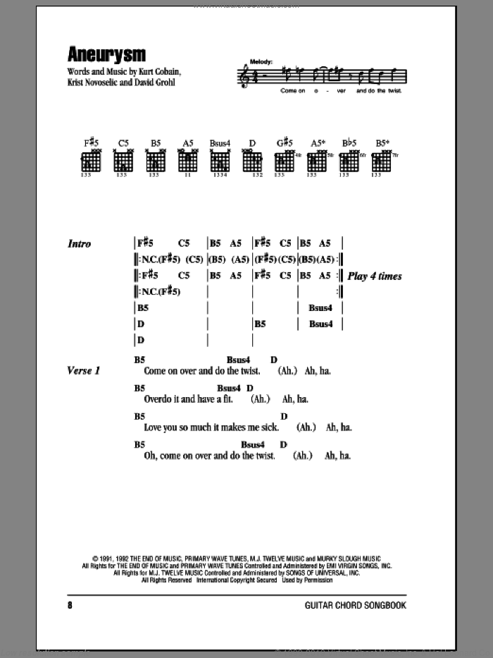 Aneurysm sheet music for guitar (chords) by Nirvana, Dave Grohl, Krist Novoselic and Kurt Cobain, intermediate skill level