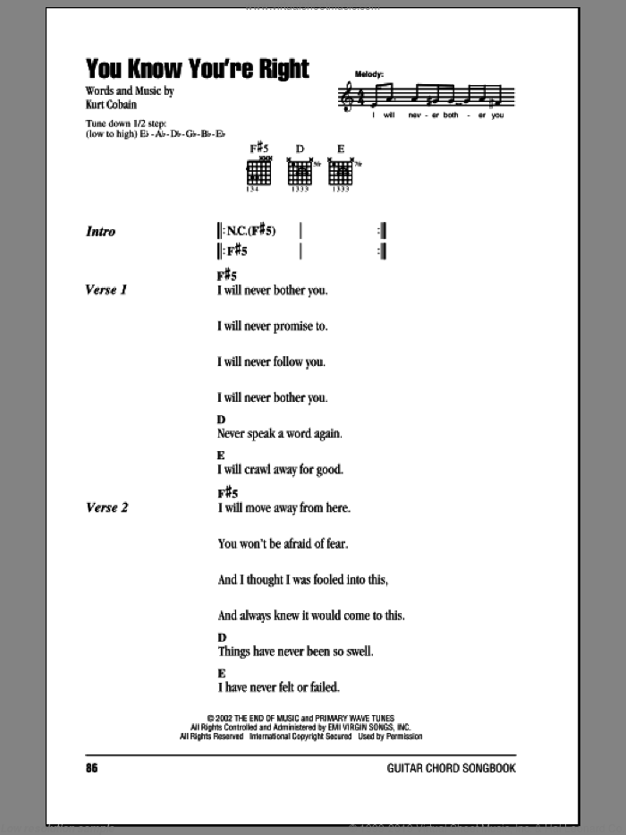 You Know You're Right sheet music for guitar (chords) by Nirvana and Kurt Cobain, intermediate skill level