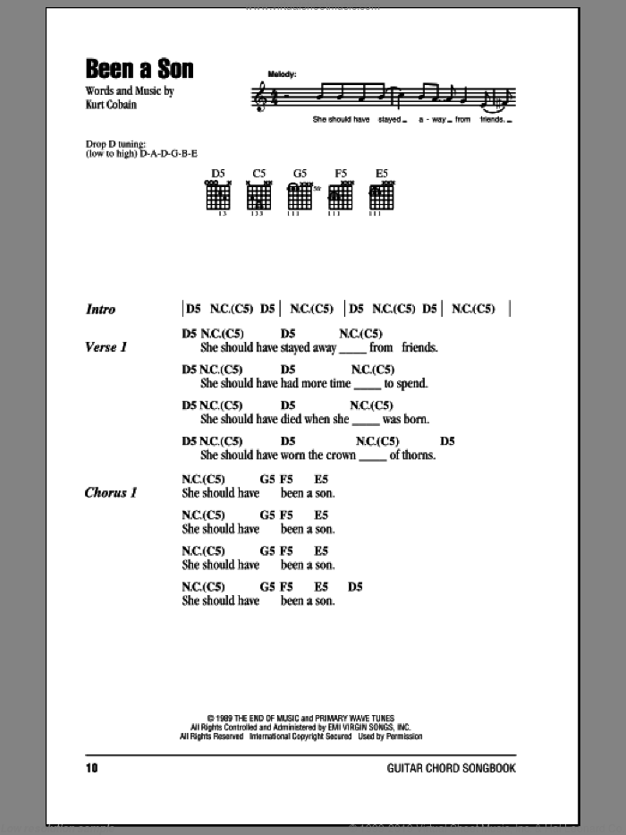 Been A Son sheet music for guitar (chords) by Nirvana and Kurt Cobain, intermediate skill level