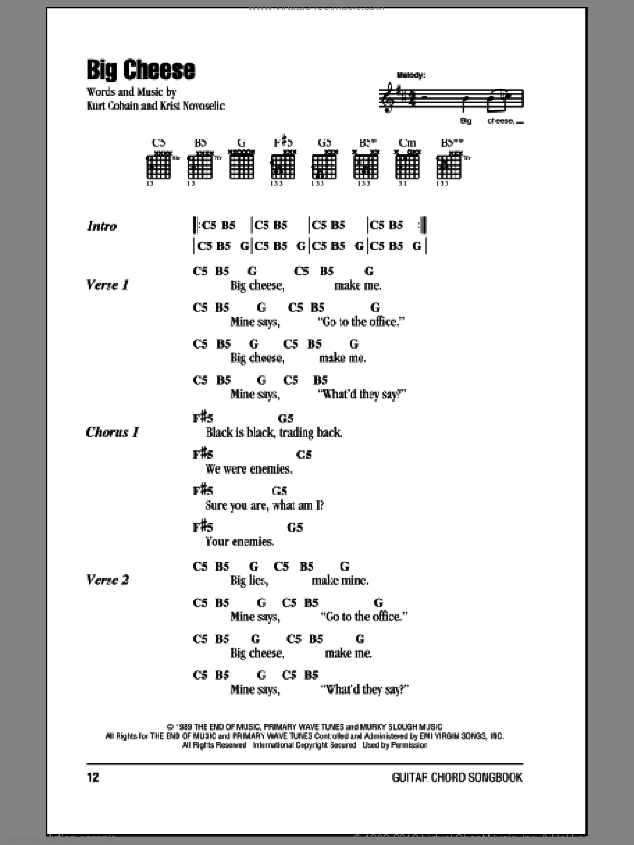 Big Cheese sheet music for guitar (chords) by Nirvana, Krist Novoselic and Kurt Cobain, intermediate skill level