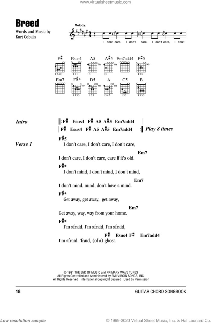 Breed sheet music for guitar (chords) by Nirvana and Kurt Cobain, intermediate skill level