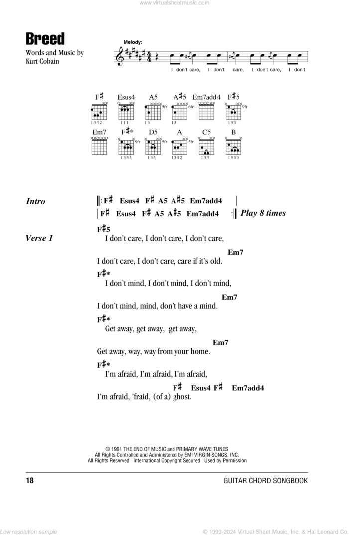 Breed sheet music for guitar (chords) by Nirvana and Kurt Cobain, intermediate skill level