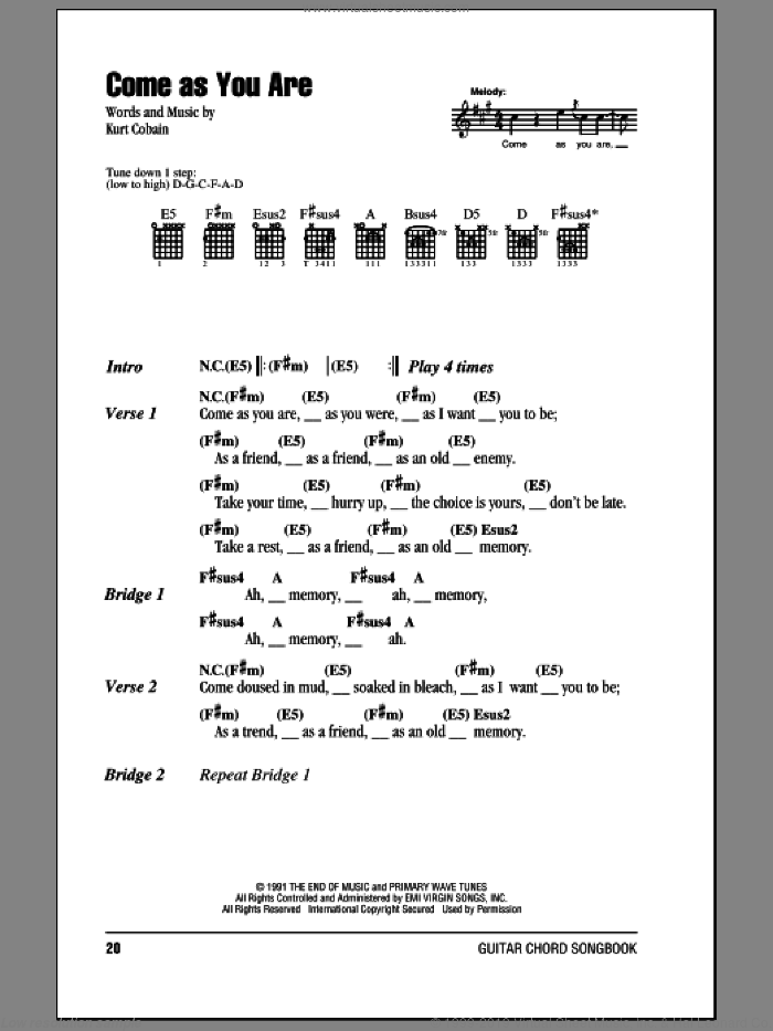 Come As You Are sheet music for guitar (chords) by Nirvana and Kurt Cobain, intermediate skill level
