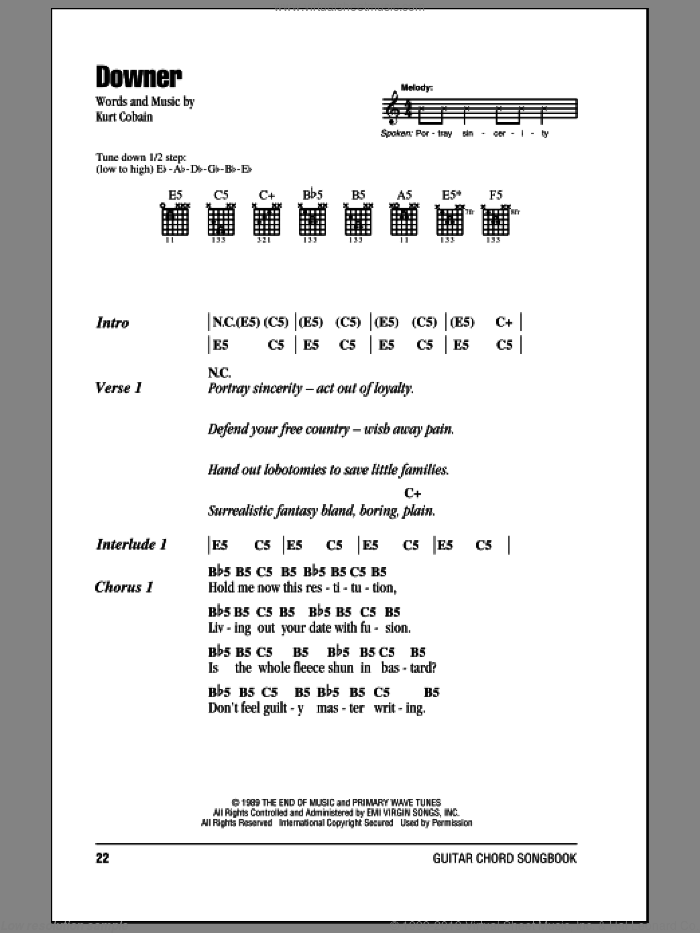 Downer sheet music for guitar (chords) by Nirvana and Kurt Cobain, intermediate skill level