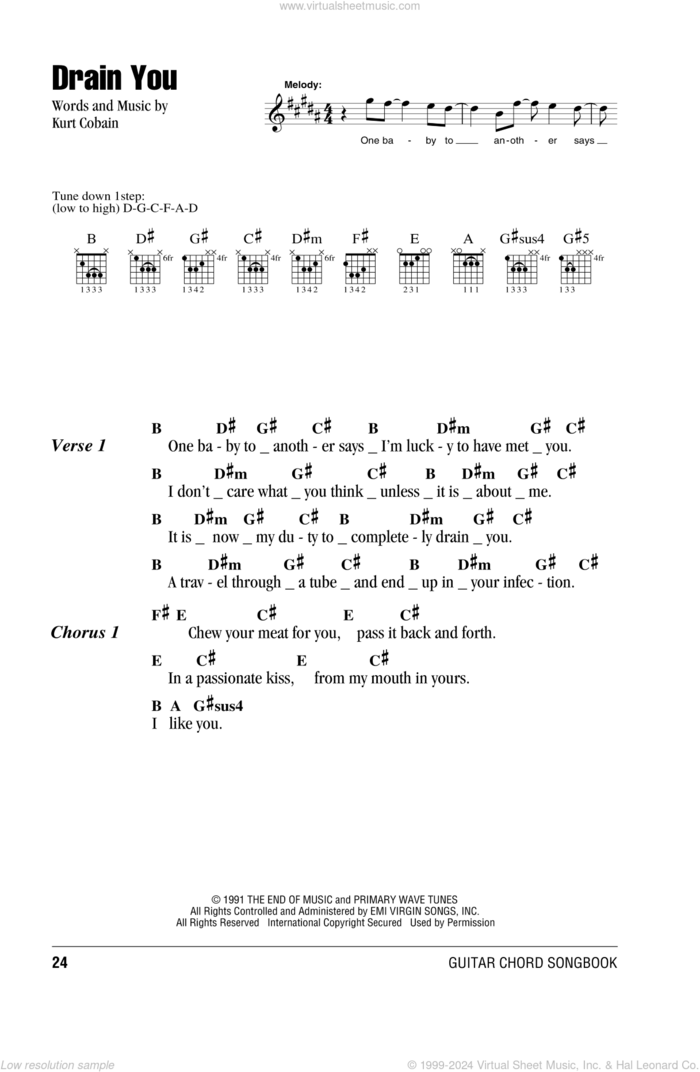 Drain You sheet music for guitar (chords) by Nirvana and Kurt Cobain, intermediate skill level