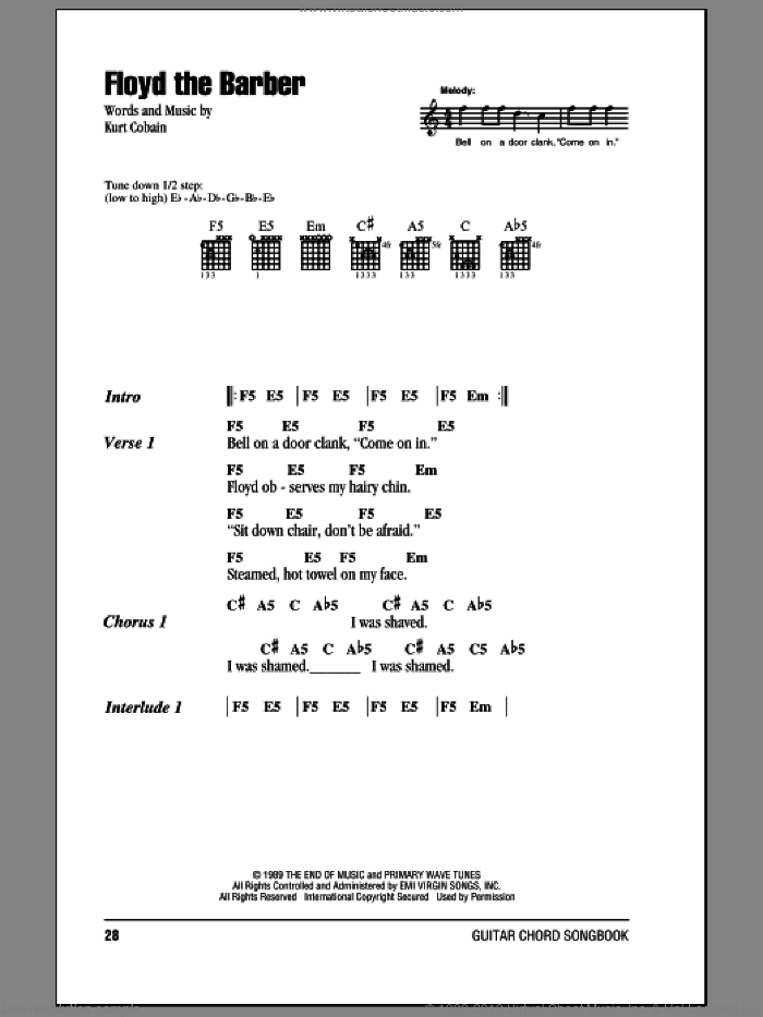 Floyd The Barber sheet music for guitar (chords) by Nirvana and Kurt Cobain, intermediate skill level