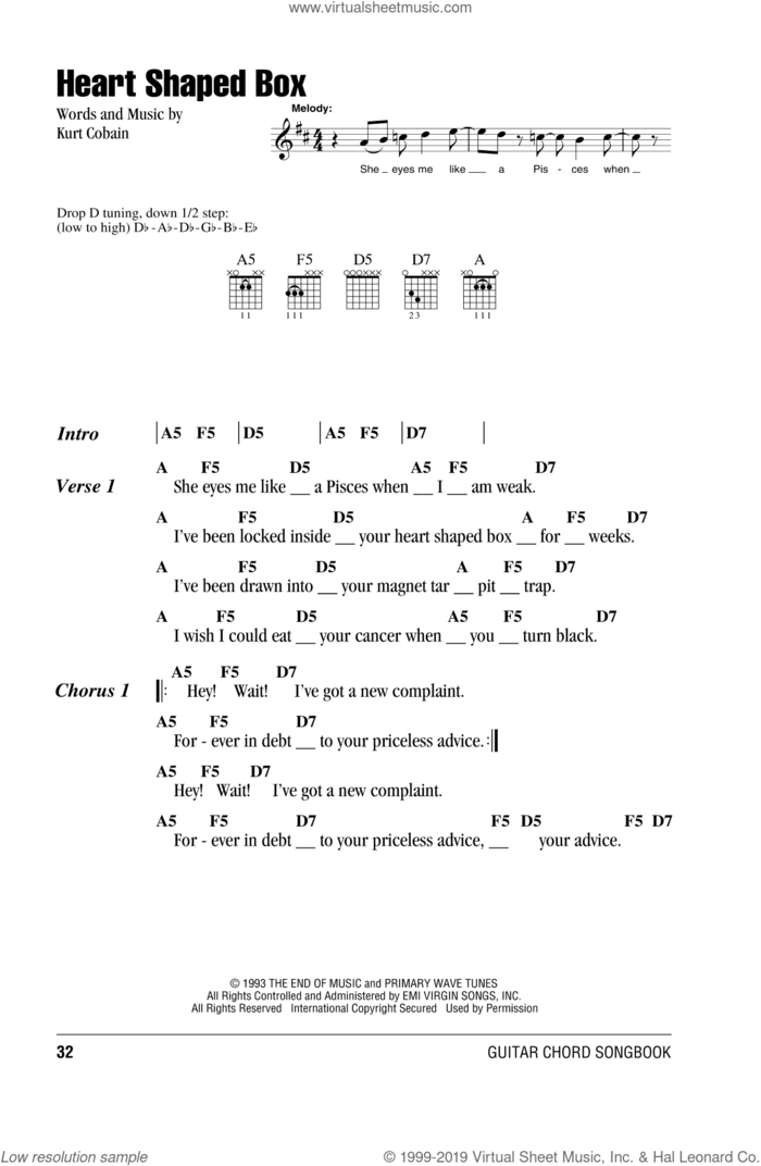 Heart Shaped Box sheet music for guitar (chords) by Nirvana and Kurt Cobain, intermediate skill level