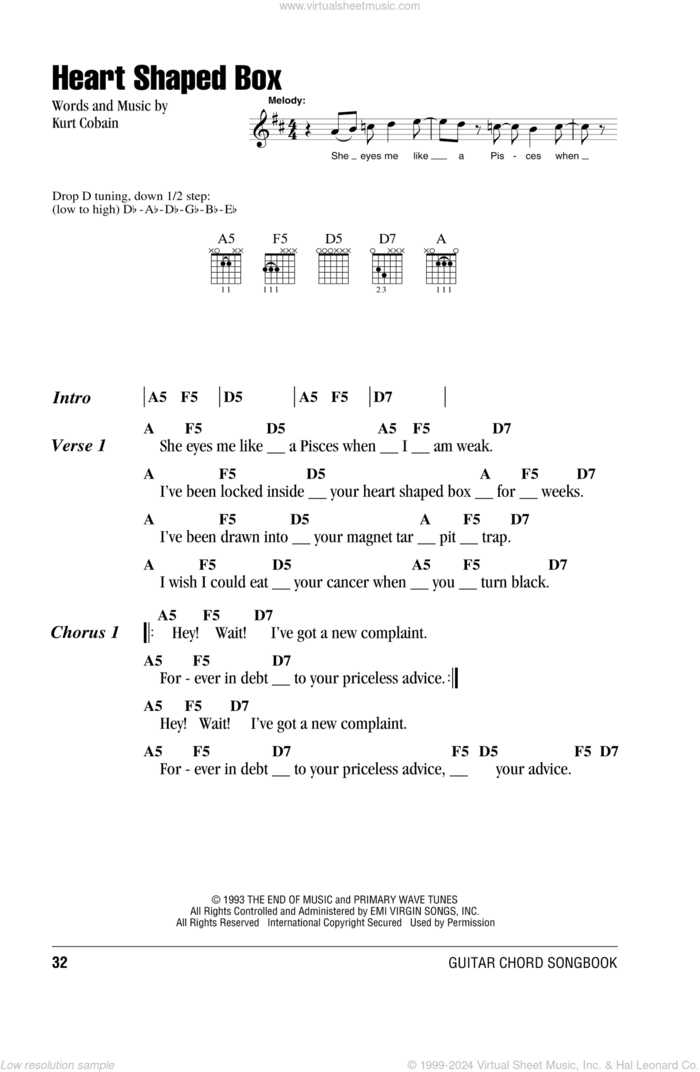 Heart Shaped Box sheet music for guitar (chords) by Nirvana and Kurt Cobain, intermediate skill level